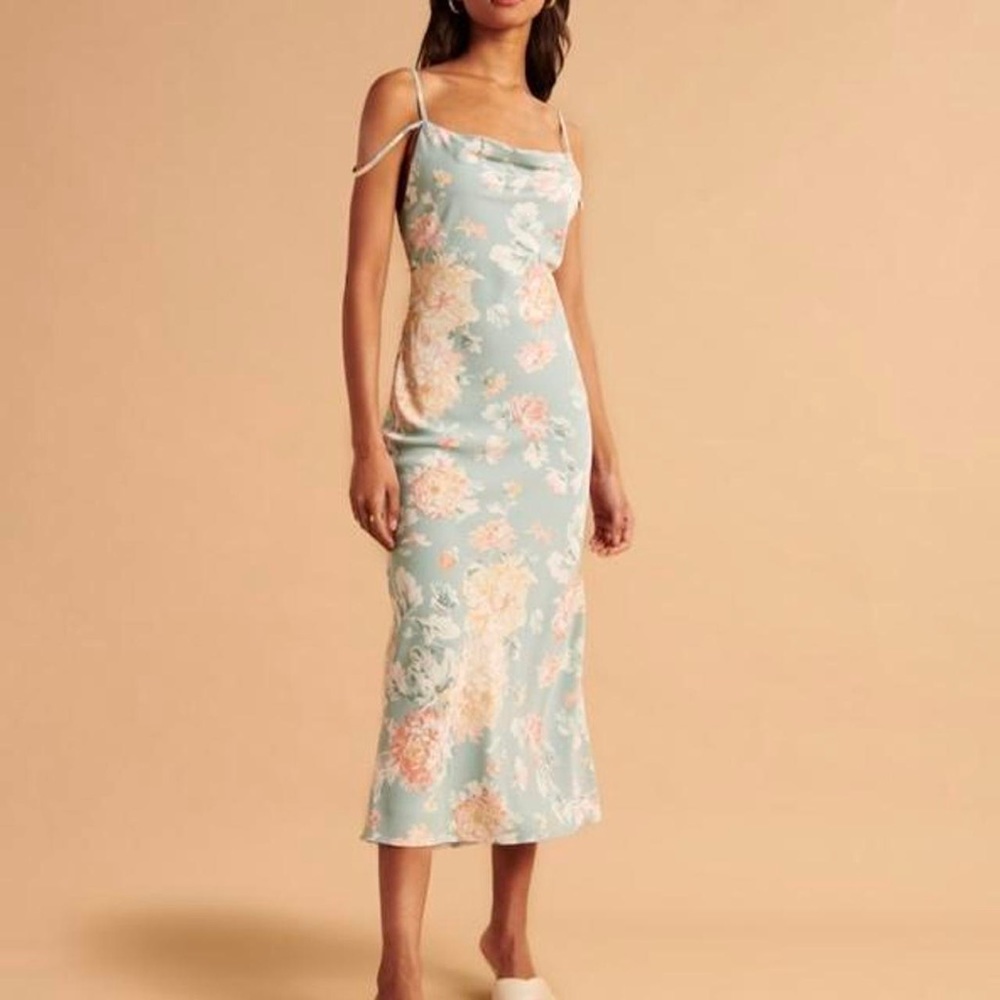 Abercrombie & Fitch Silky Blue Teal Floral Cowl Neck slip Dress